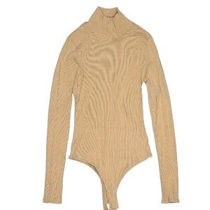 Lulu’s Camel Ribbed Long-Sleeved Mock Neck Bodysuit, Size Large
